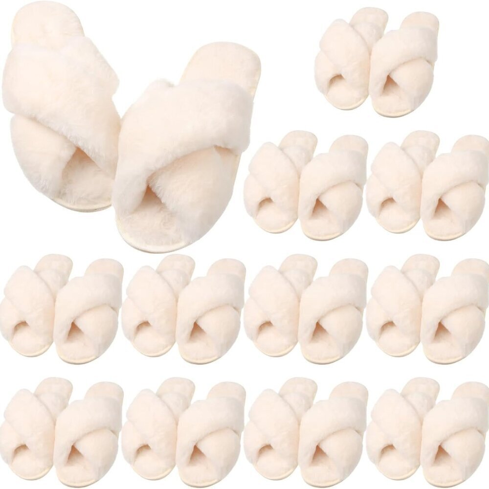 Womens Plush Open Toe Slippers 12 Pair Bulk Fuzzy Non-Slip House Bridesmaid